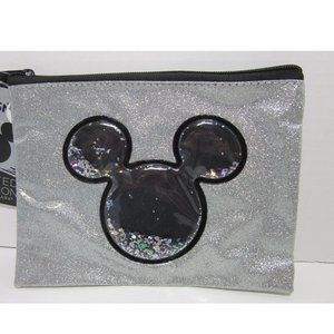 Disney Mickey Mouse Cosmetic Bag Silver Travel Pouch Glitter Case Makeup NWT